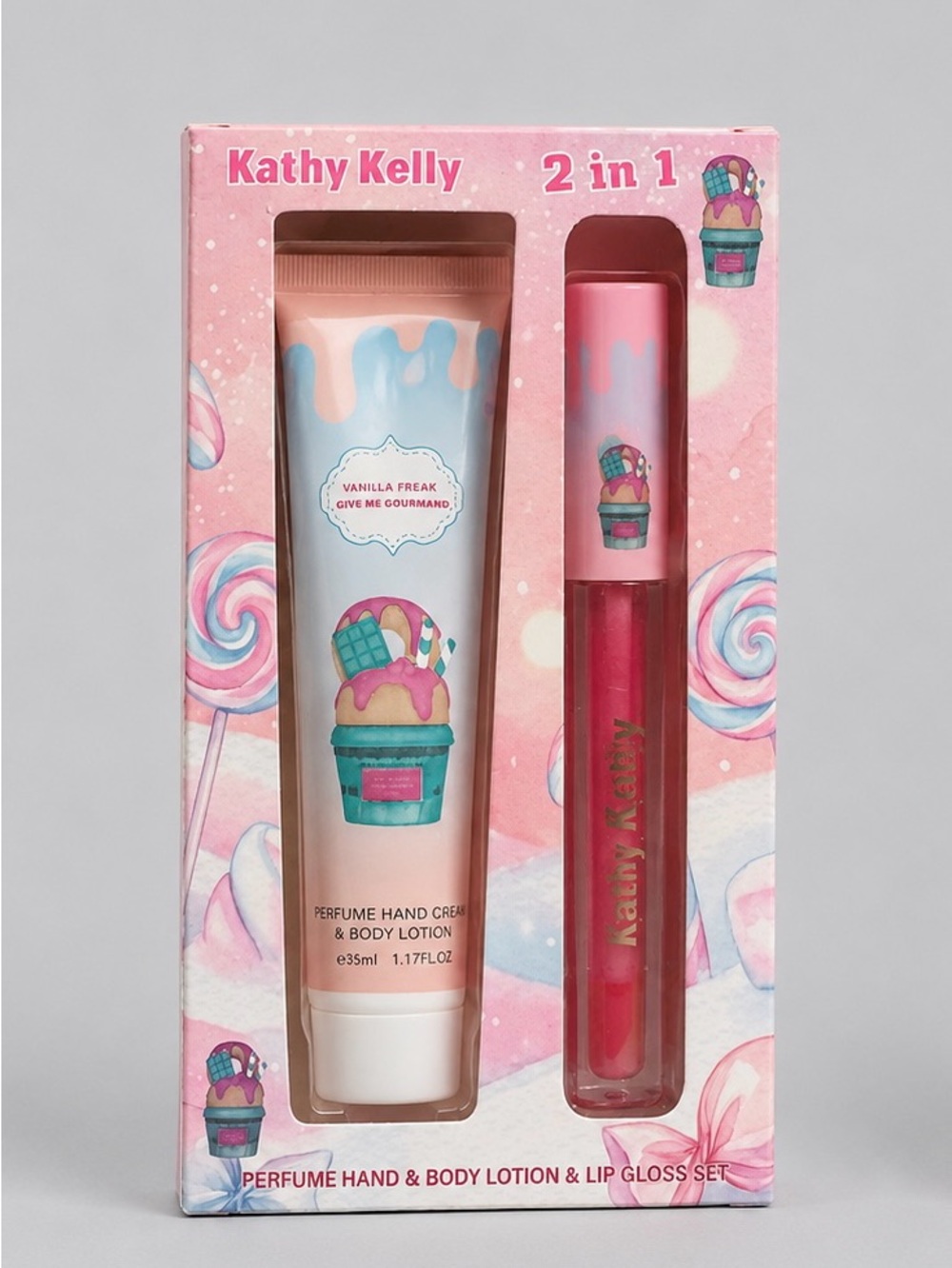 Kathy Kelly Vanilla Freak 2-in-1 Hand & Body Lotion + Lip Gloss Set